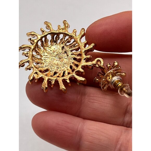 Pierced Earrings 2" Long Fiery Sun Burst and Gold Plated Stunning Earrings - Picture 7 of 10